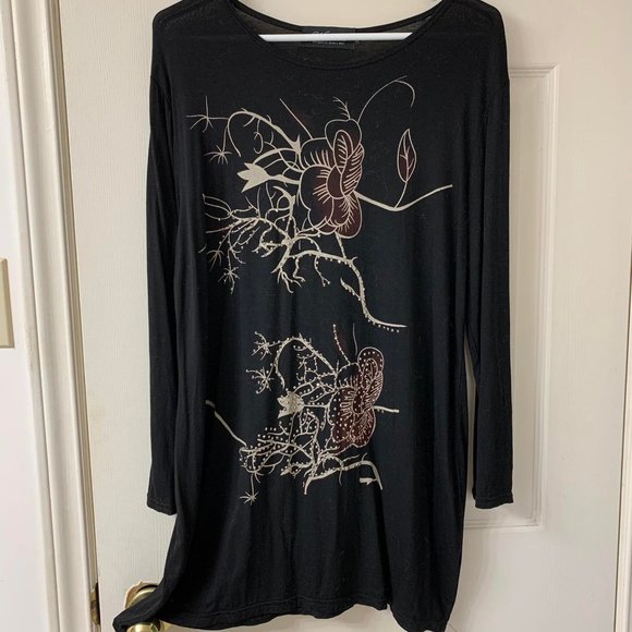 🌷3 for$25🌷Wanderlust, US XL, Black & Tan Floral Rhinestone Jersey Tunic Dress - Picture 2 of 6